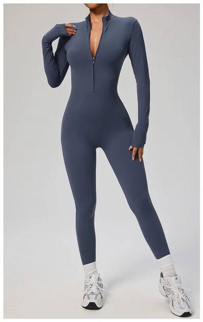 Elegant Seamless Zip Front Bodycon Jumpsuit
