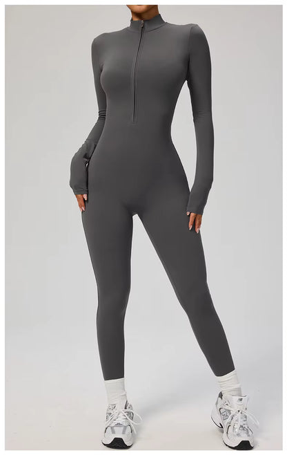 Elegant Seamless Zip Front Bodycon Jumpsuit