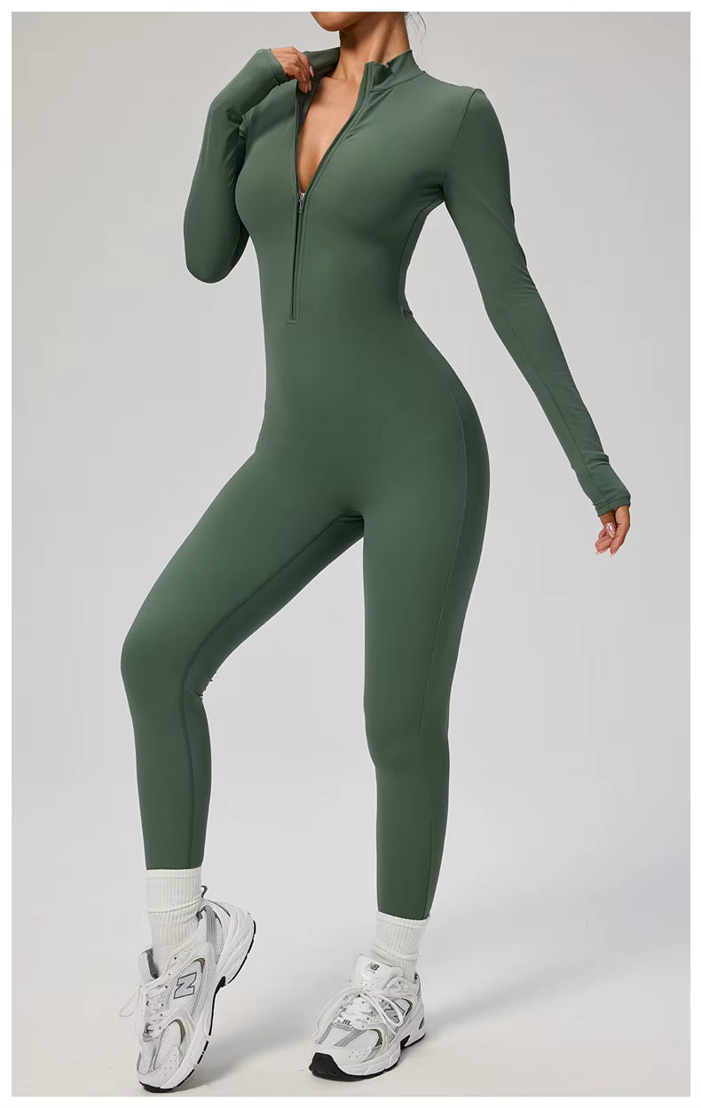 Elegant Seamless Zip Front Bodycon Jumpsuit
