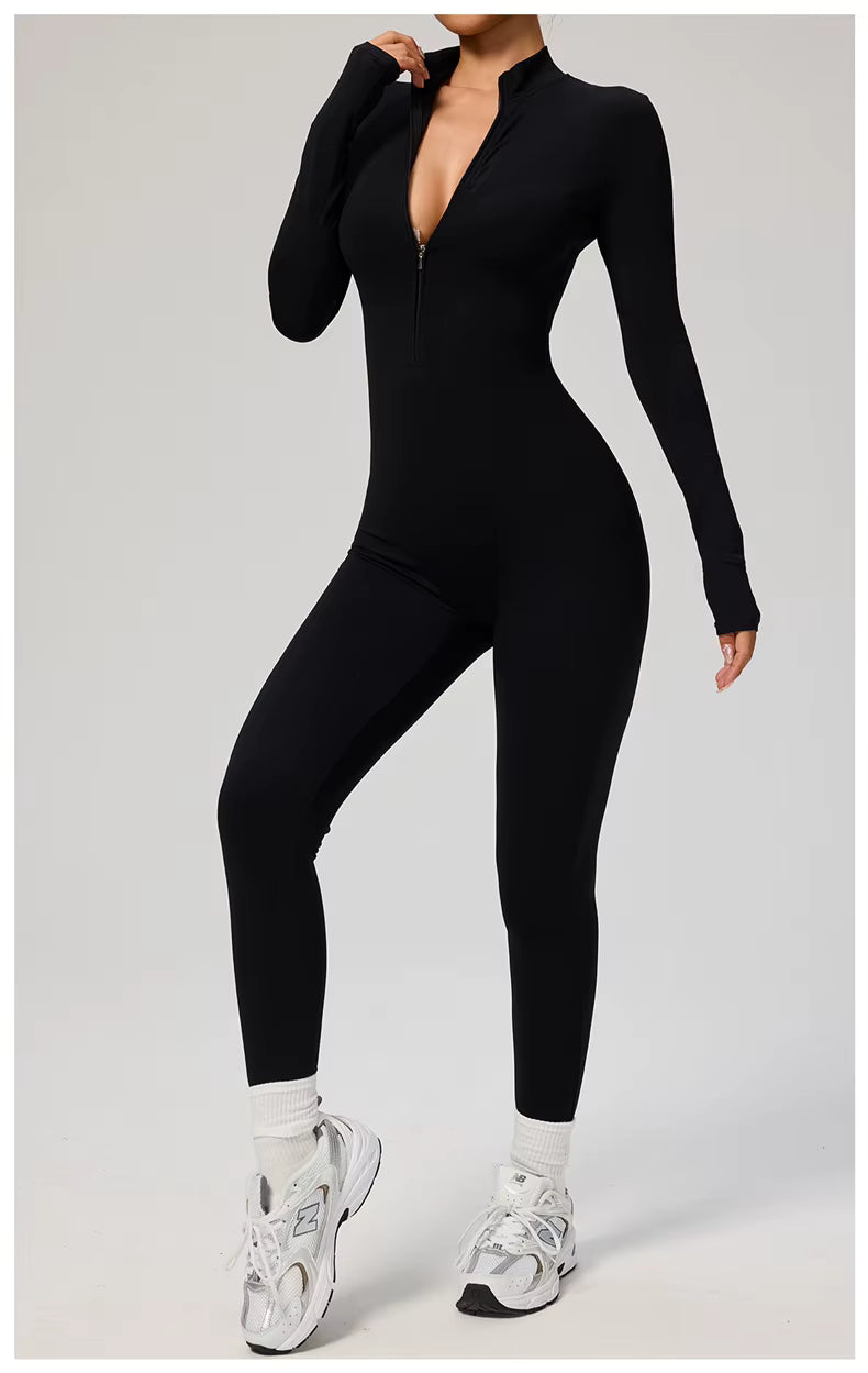 Elegant Seamless Zip Front Bodycon Jumpsuit